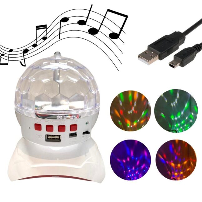 Globo Colorido RGB LED Laser com Som Bluetooth MP3 USB Recarregavel