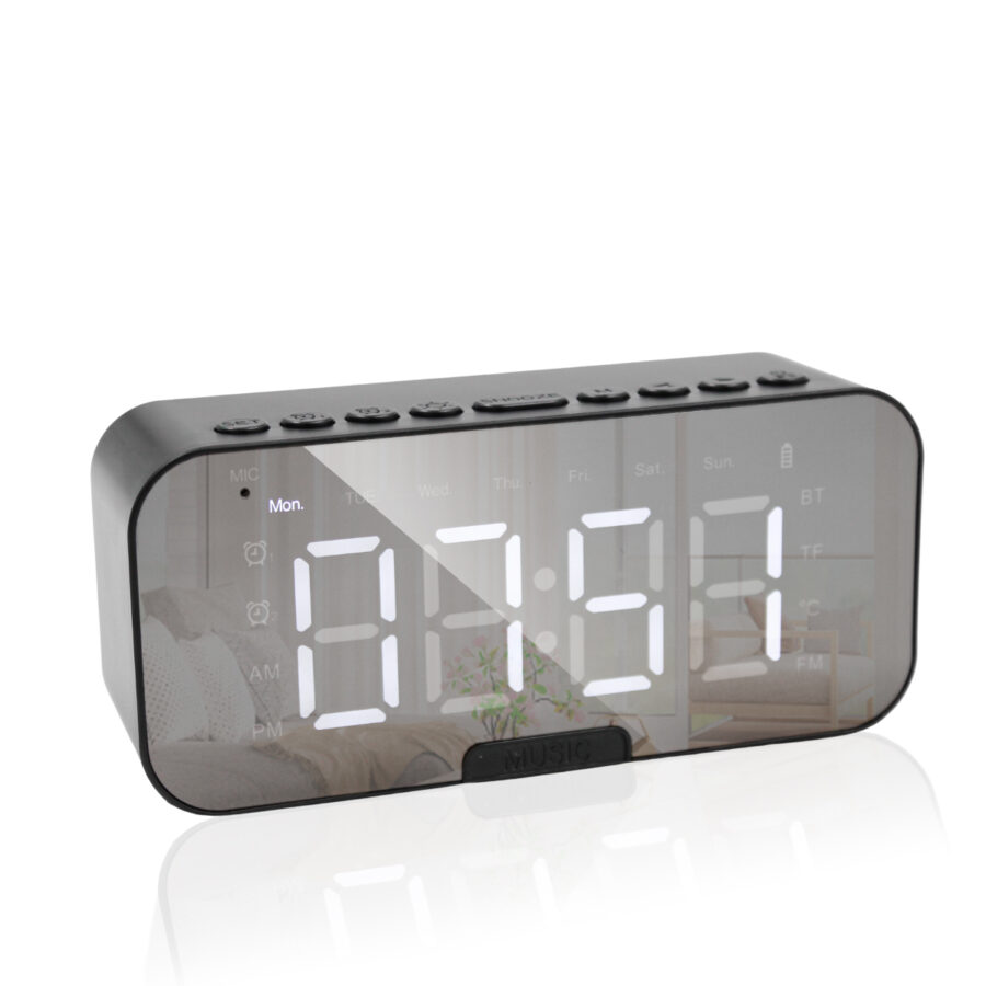 Relogio Despertador Digital Caixa De Som Bluetooth Radio Espelhado USB LED G10 Core:Preto - Imagem 4