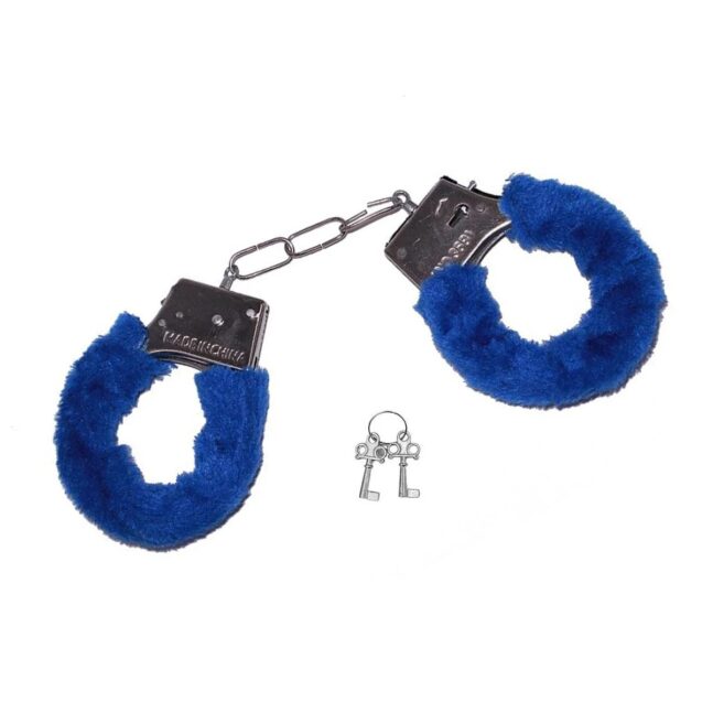 Algema De Metal Com Chave Pelúcia Fantasia Cor:Azul