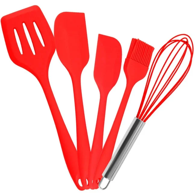 Kit Utensílios De Silicone Para Cozinha 5 Peças Espátula Fue Pincel Cor:Vermelho