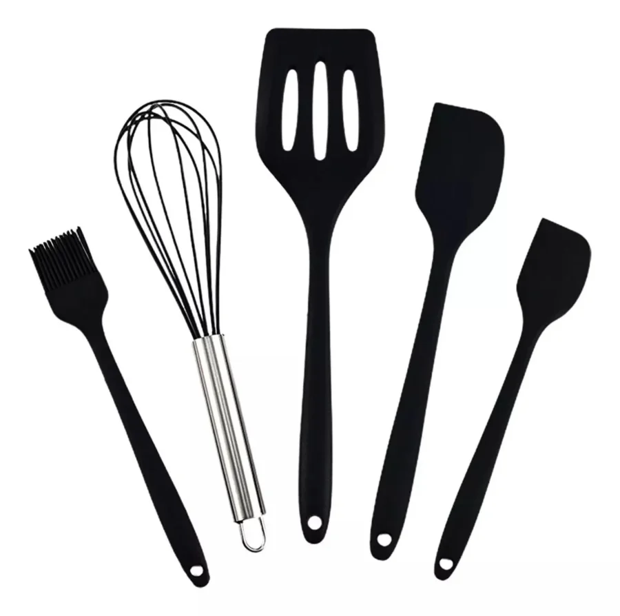 Kit Utensílios De Silicone Para Cozinha 5 Peças Espátula Fue Pincel Cor:Preto