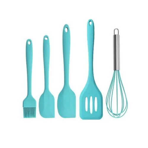 Kit Utensílios De Silicone Para Cozinha 5 Peças Espátula Fue Pincel Cor:Azul