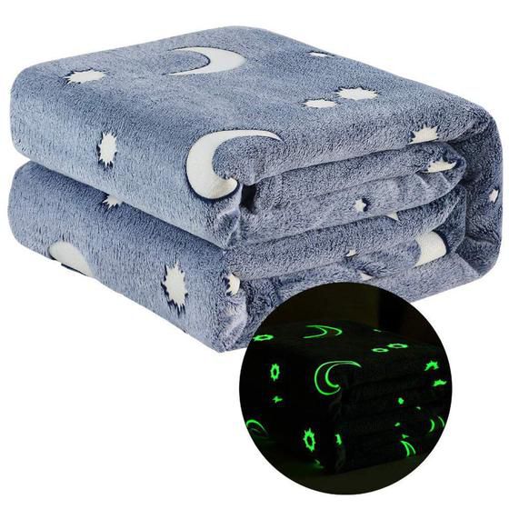 Manta Cobertor Solteiro Infantil Brilha No Escuro 1,80x1,20 Lua Cor:Azul