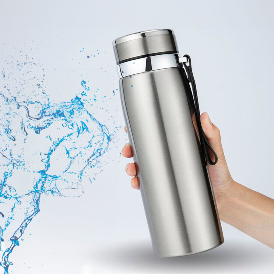 Garrafinha Térmica Aço Inox 1L Água Gelada Quente C/ Vedação Academia Trilha Cor:Azul com Prata - Imagem 3