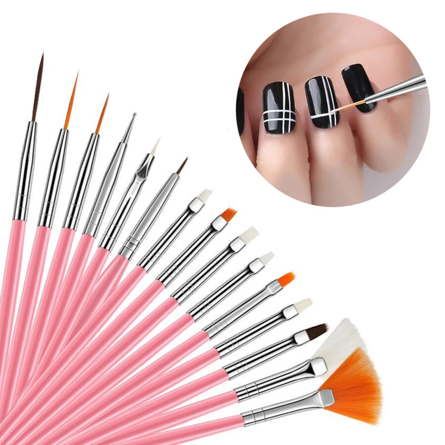 Kit Pincel Gel Uv 15 Pinceis Decoração Manicure Acrigel Cor:Rosa