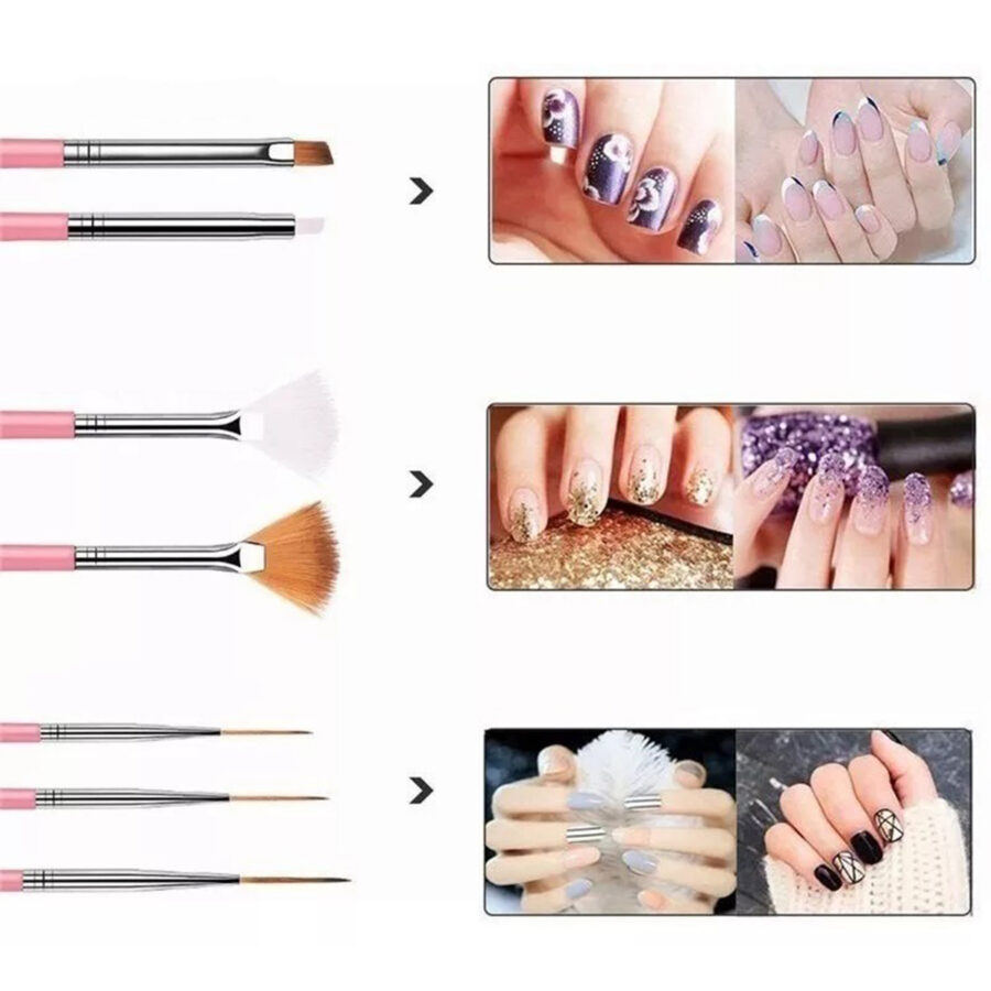 Kit Pincel Gel Uv 15 Pinceis Decoração Manicure Acrigel Cor:Rosa - Imagem 5