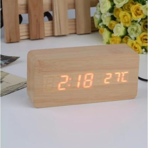 Relogio Despertador Mesa Digital Madeira Com Sound Control Cor:Marfim