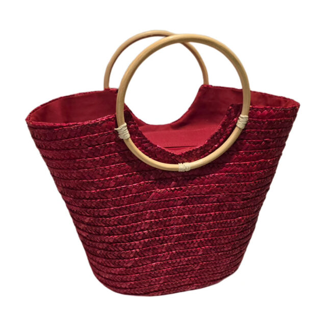 Bolsa Grande Cesta Alça Madeira Artesanal Praia Piscina Cor:Vinho